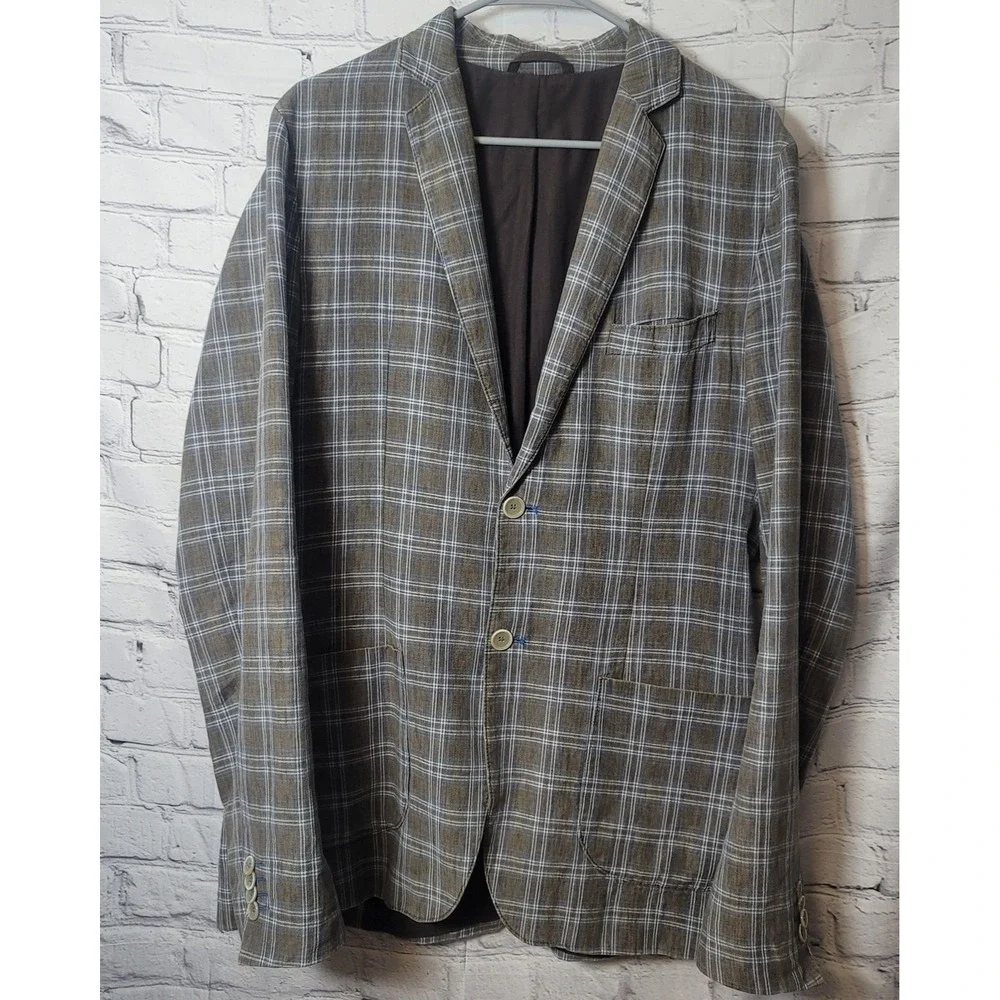 Abrams Blazer Mens  Brown Linen Cotton Plaid Sport Coat Jacket Two Button Casual